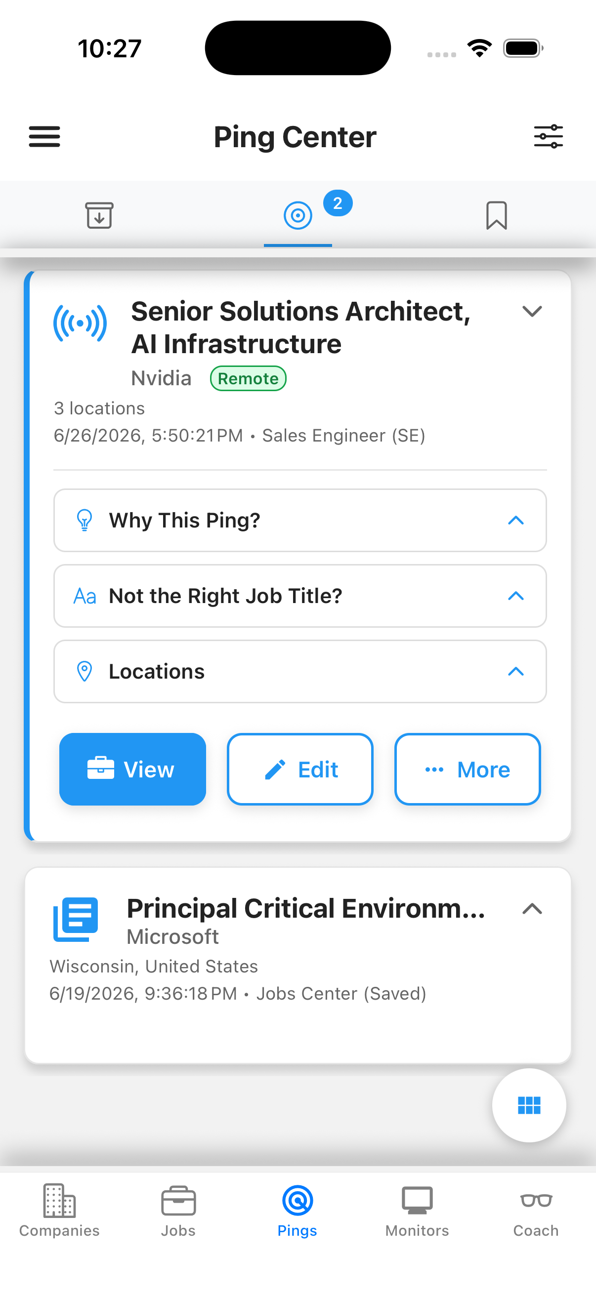 Job Ping app showing a Senior Solutions Architect job Ping from Nvidia in Ping Center